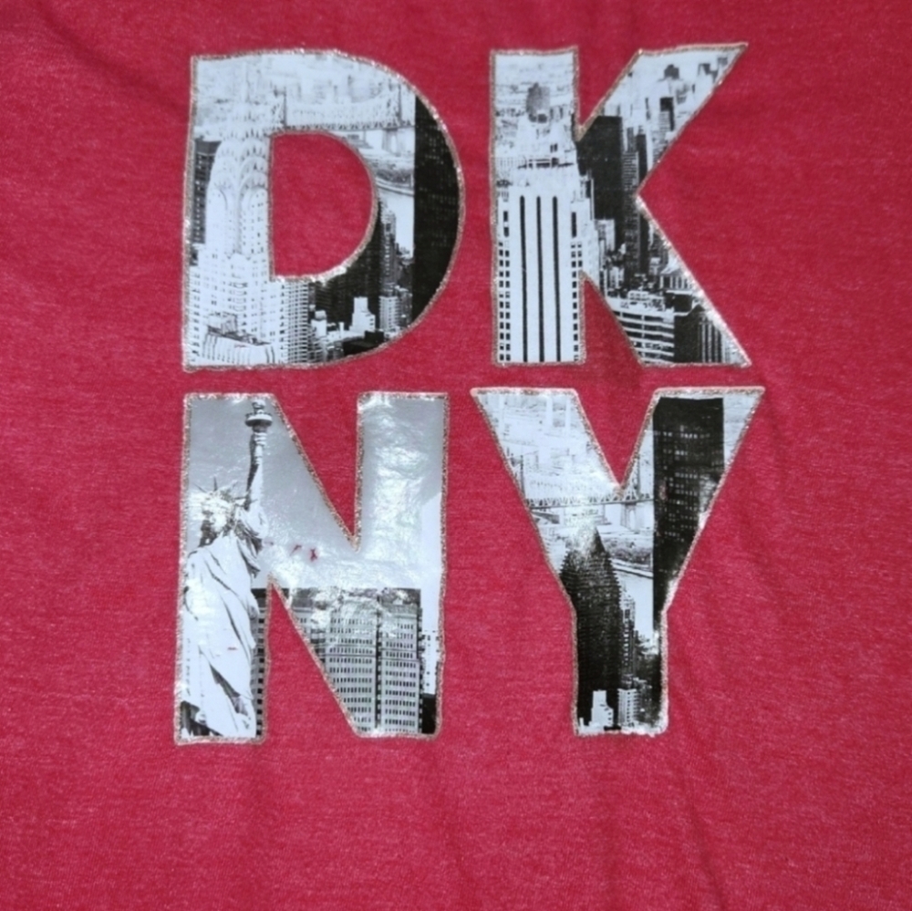 DKNY NYC Skyline Logo Short Sleeve Shirt Pink Silver Glitter - Picture 2 of 4